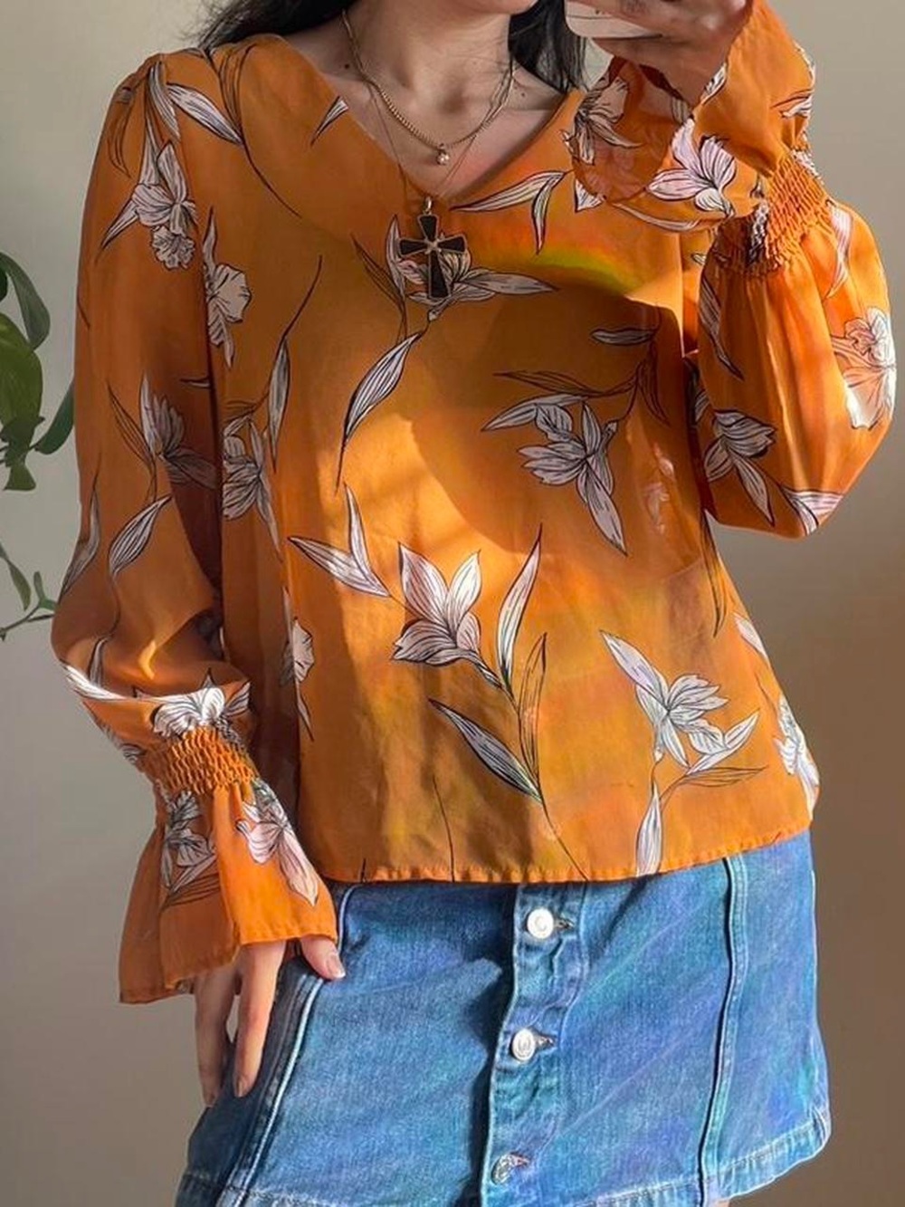 A New Day Semi-Sheer Floral V-Neck Blouse Burnt Orange